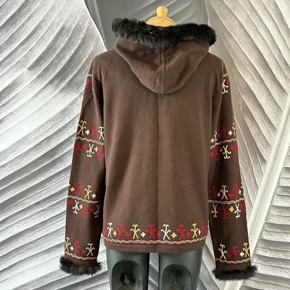 Bohemian Boho L Sweater Cardigan Shacket Merino Wool Rabbit Fut Brown Red Gold - Picture 15 of 16